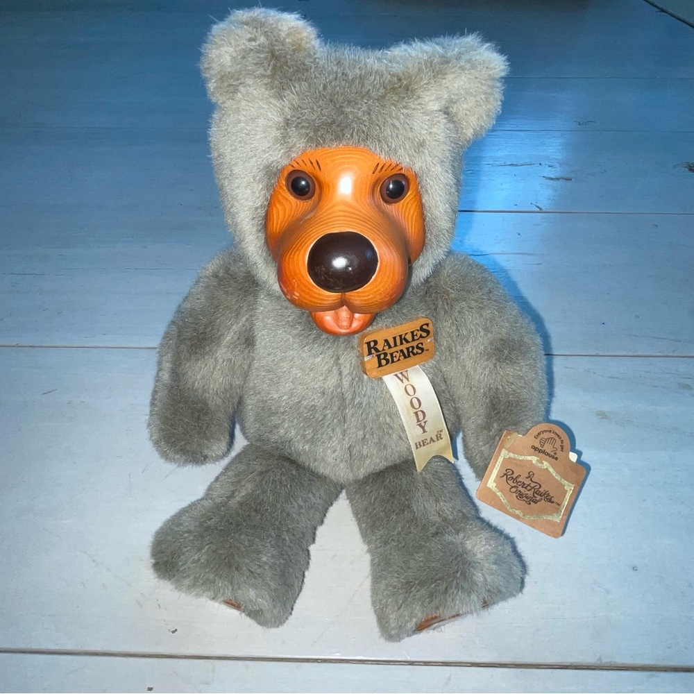 Applause Raikes Original 'Woody' Plush Bear Gray Fur Wooden Face & Paws Tags On